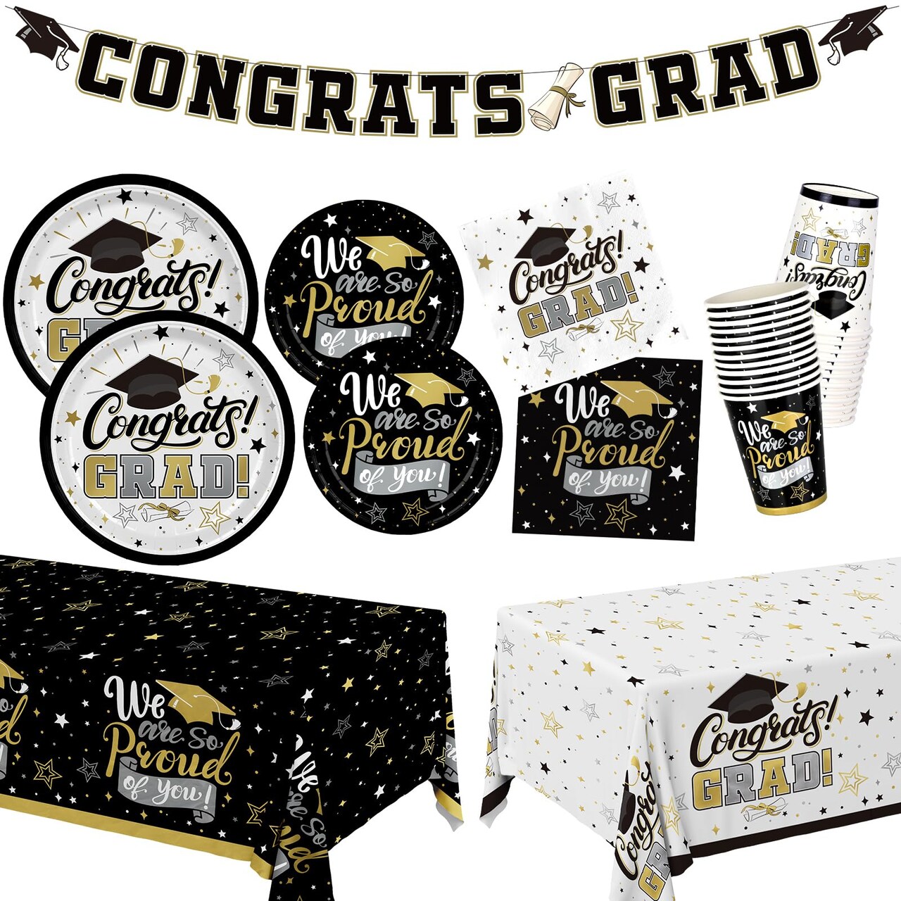 Graduation Decorations 2026 Black and Gold Grad Party Supplies with Disposable Plates, Napkins, Tablecloth, Cups and Congrats Grad Banner for 24 Guests - Graduation Party Decorations
